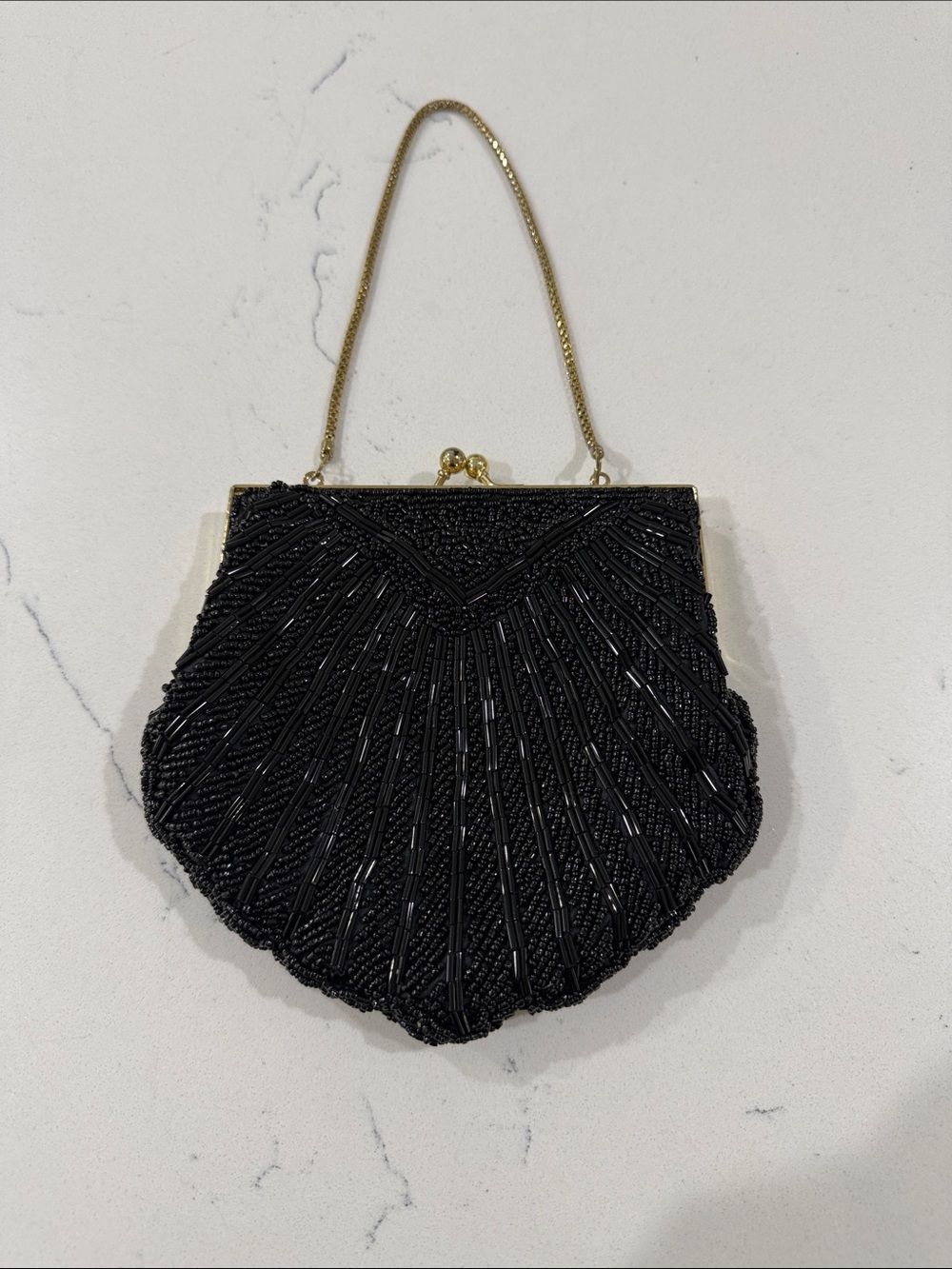 Source Unknown Black Beaded Shell-Style Evening Clutch with Gold Chain